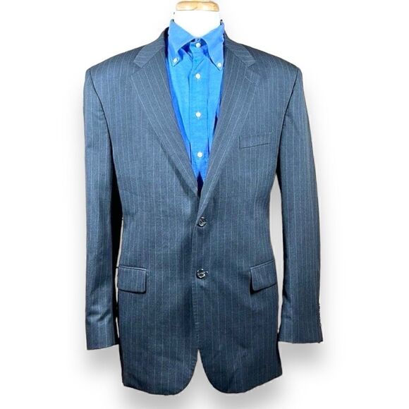 CHAPS Suit Jacket Mens 44L Gray Pinstripe Wool Two Button Sport Coat - Picture 1 of 14